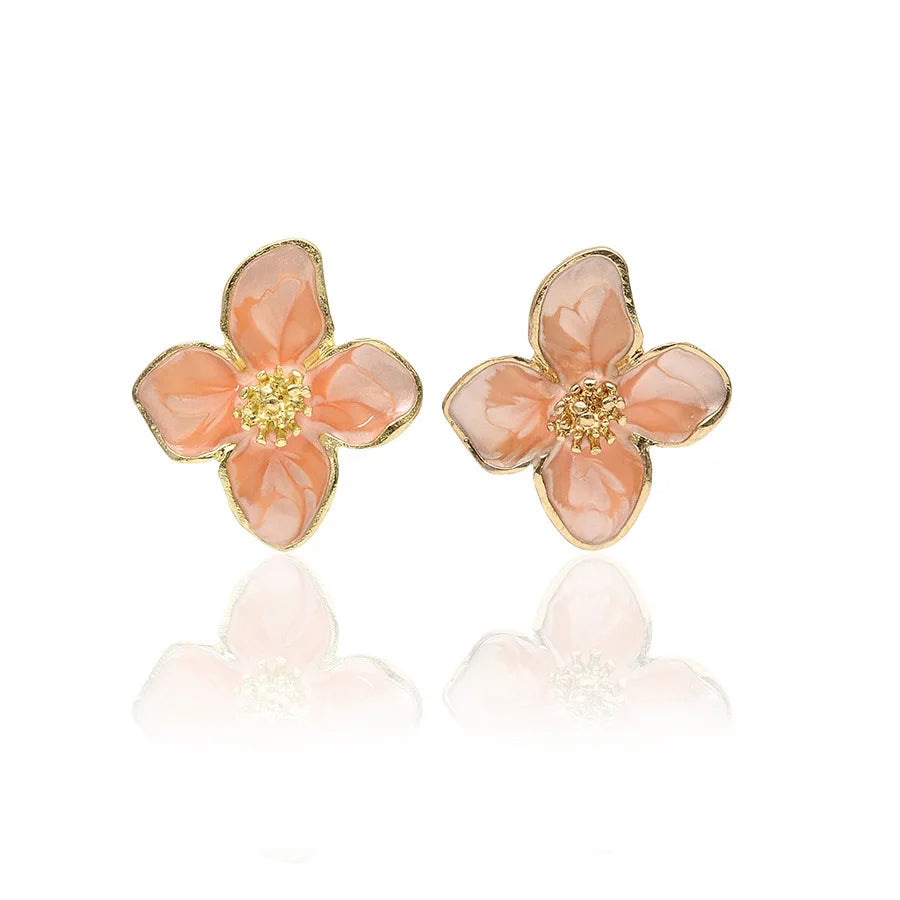 Hibiscus Dropped Glaze Flower Stud Earrings for Women Girl French Ins Vintage Fashion Korean Wedding Romantic Jewelry Gifts