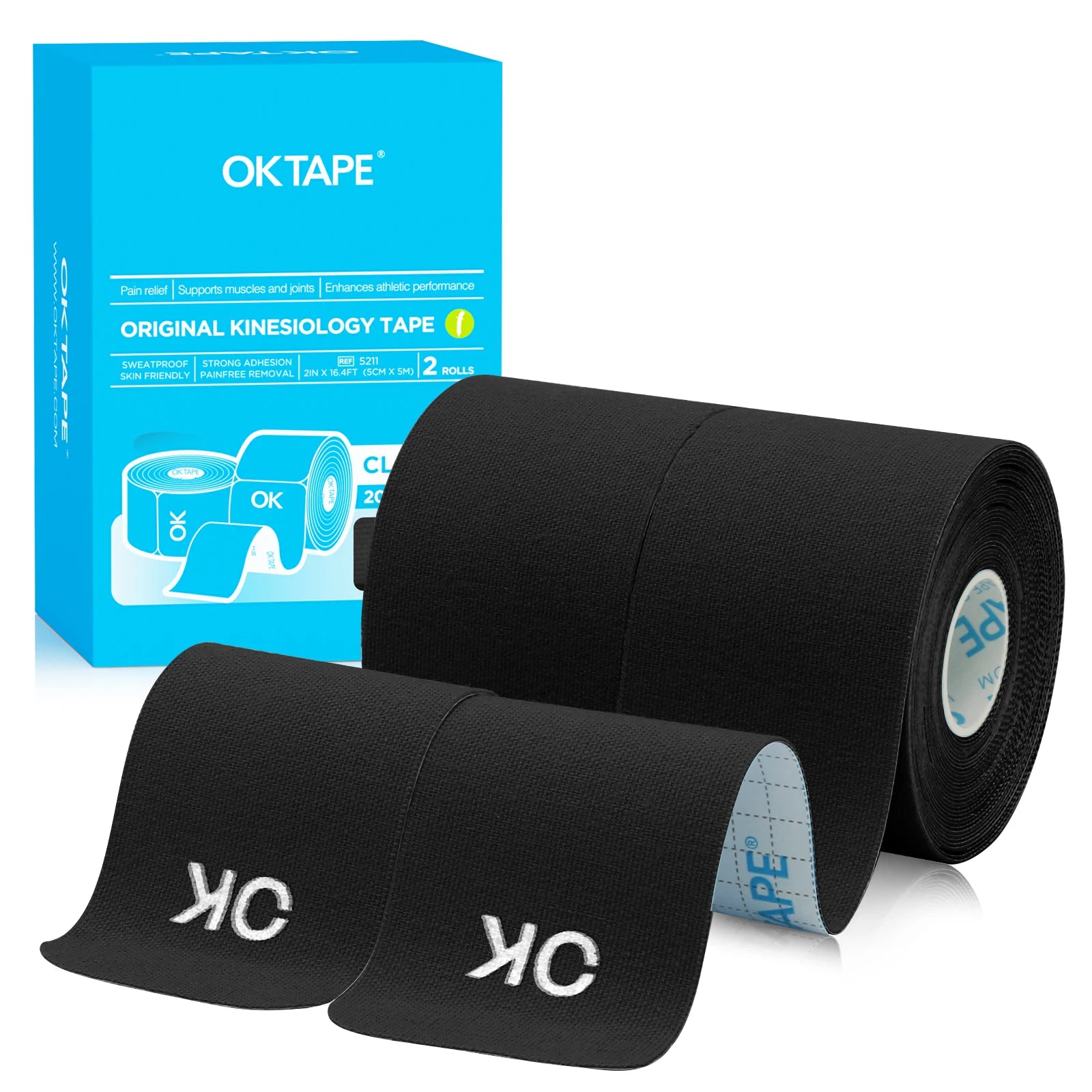 2 Rolls OK TAPE Updated Kinesiology Tape, New Packaging 5cm x 5m, 25cm Precut 20 Strips, Cotton Elastic Athletic Tape Latex Free