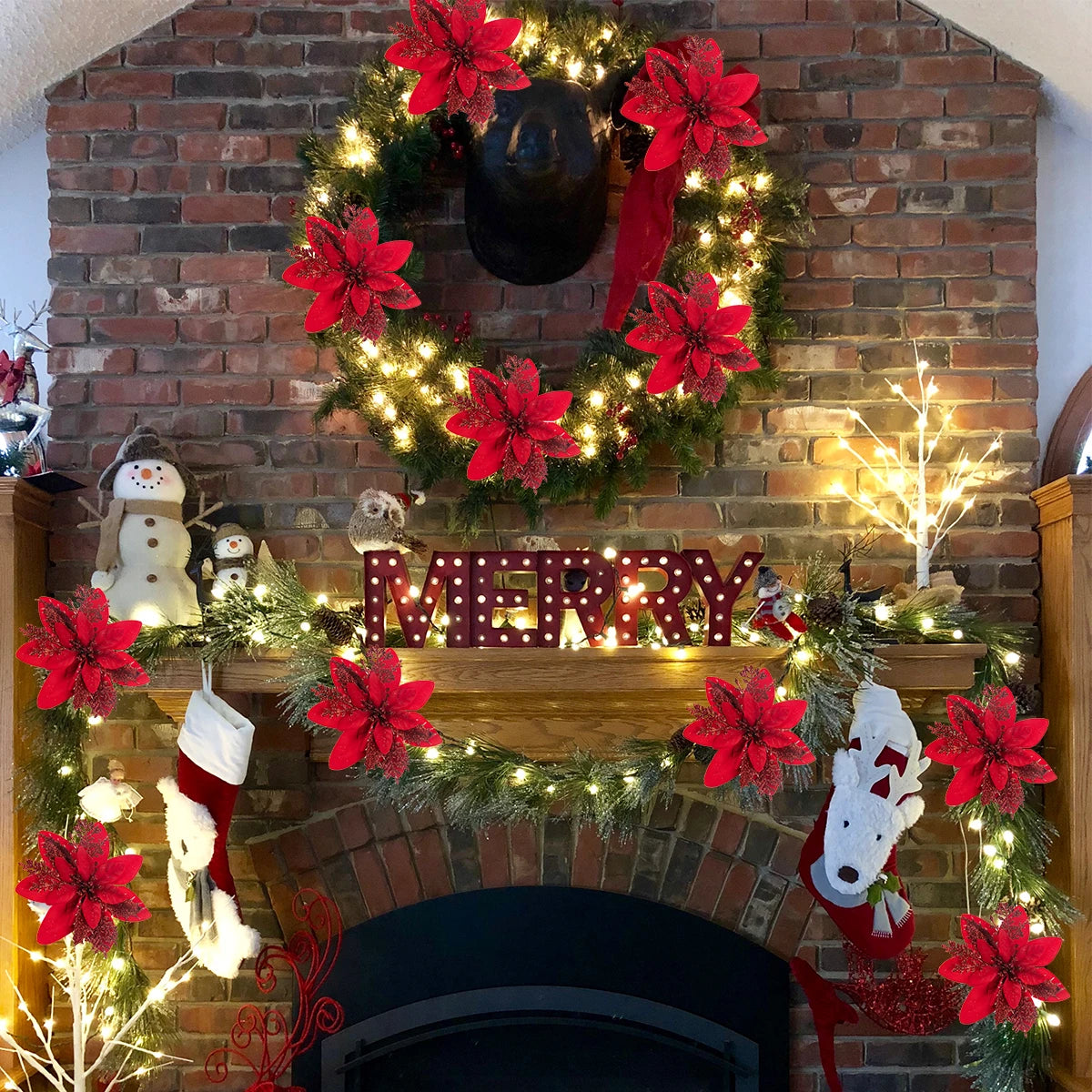 5-20pcs Sparkling Red Golden Silver Poinsettia Artificial Flowers Christmas Tree Ornaments for Xmas New Year party Decoration