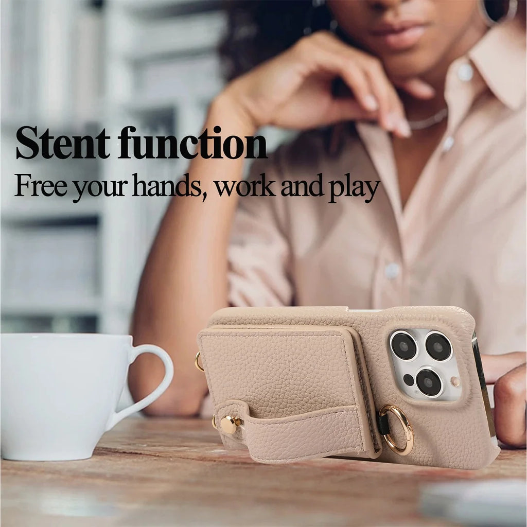 Luxury Shoulder Leather Card Pocket Wallet Case For iPhone 11 12 13 14 15 16 17 Pro Max Plus Purse Phone Cover Wrist Strap Stand