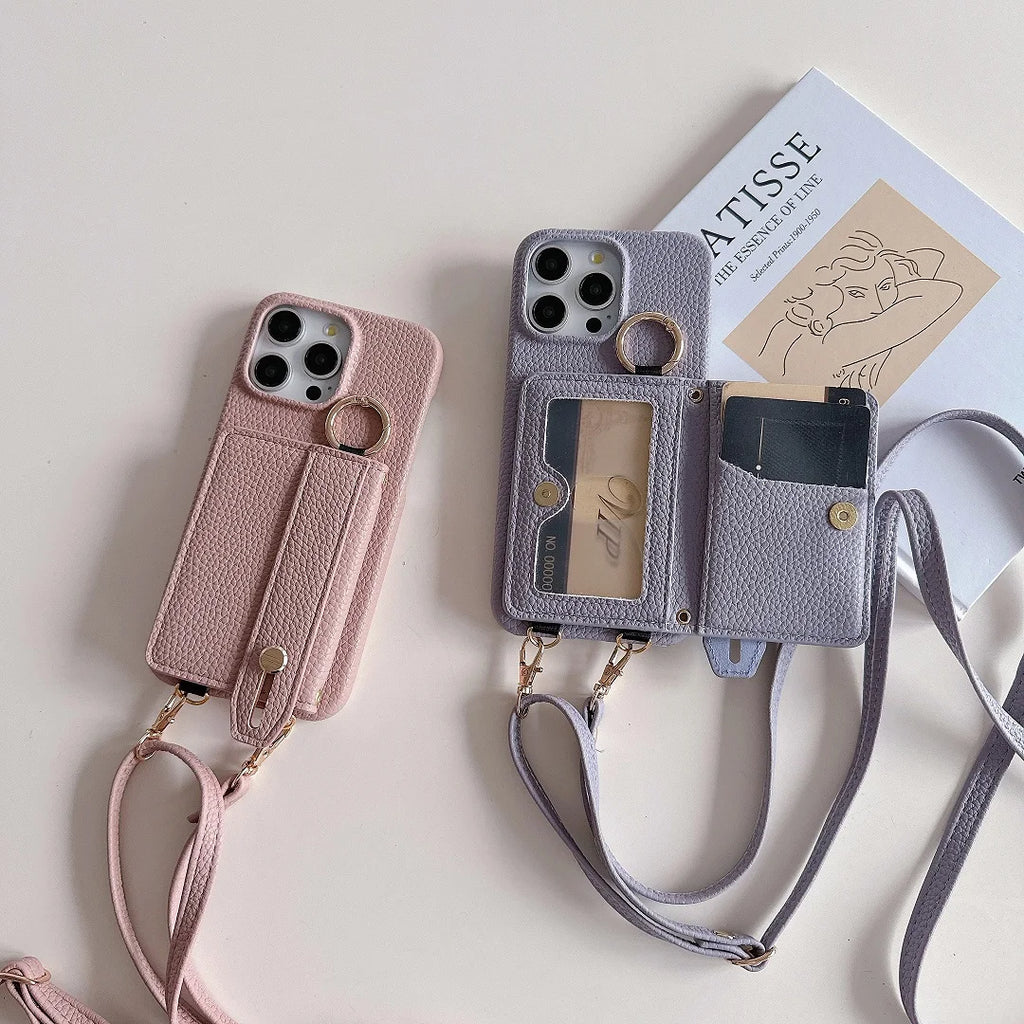 Luxury Shoulder Leather Card Pocket Wallet Case For iPhone 11 12 13 14 15 16 17 Pro Max Plus Purse Phone Cover Wrist Strap Stand
