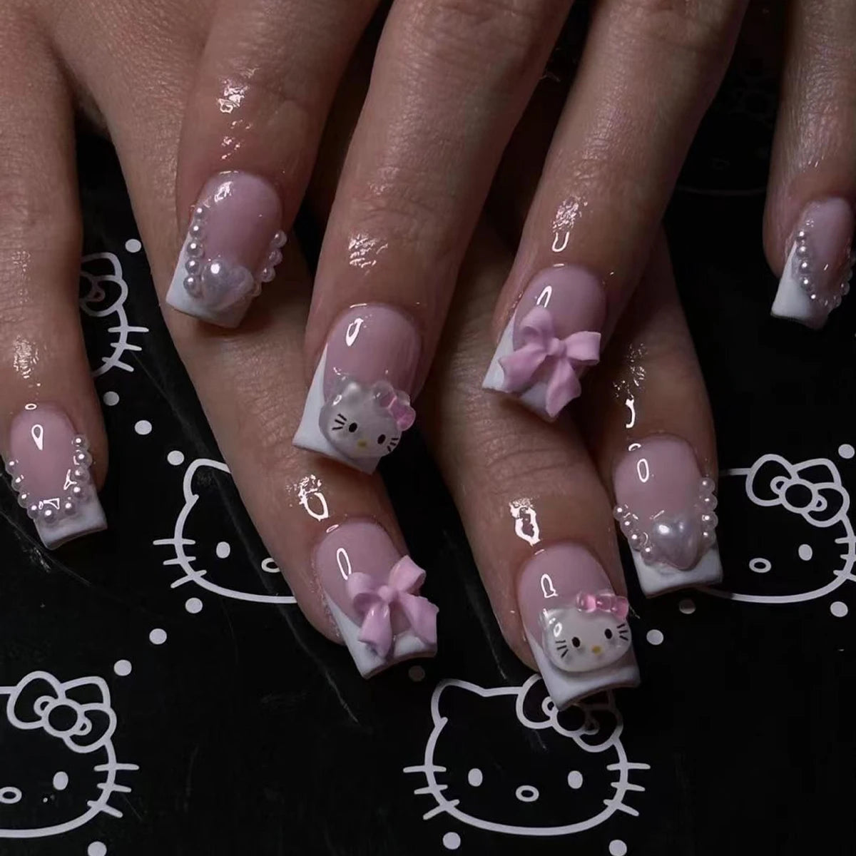 24 Medium Square Nail Pink French Cute Cartoon Cat White Love Camellia Nail Patch Jelly Powder Bow Wear Nail Set