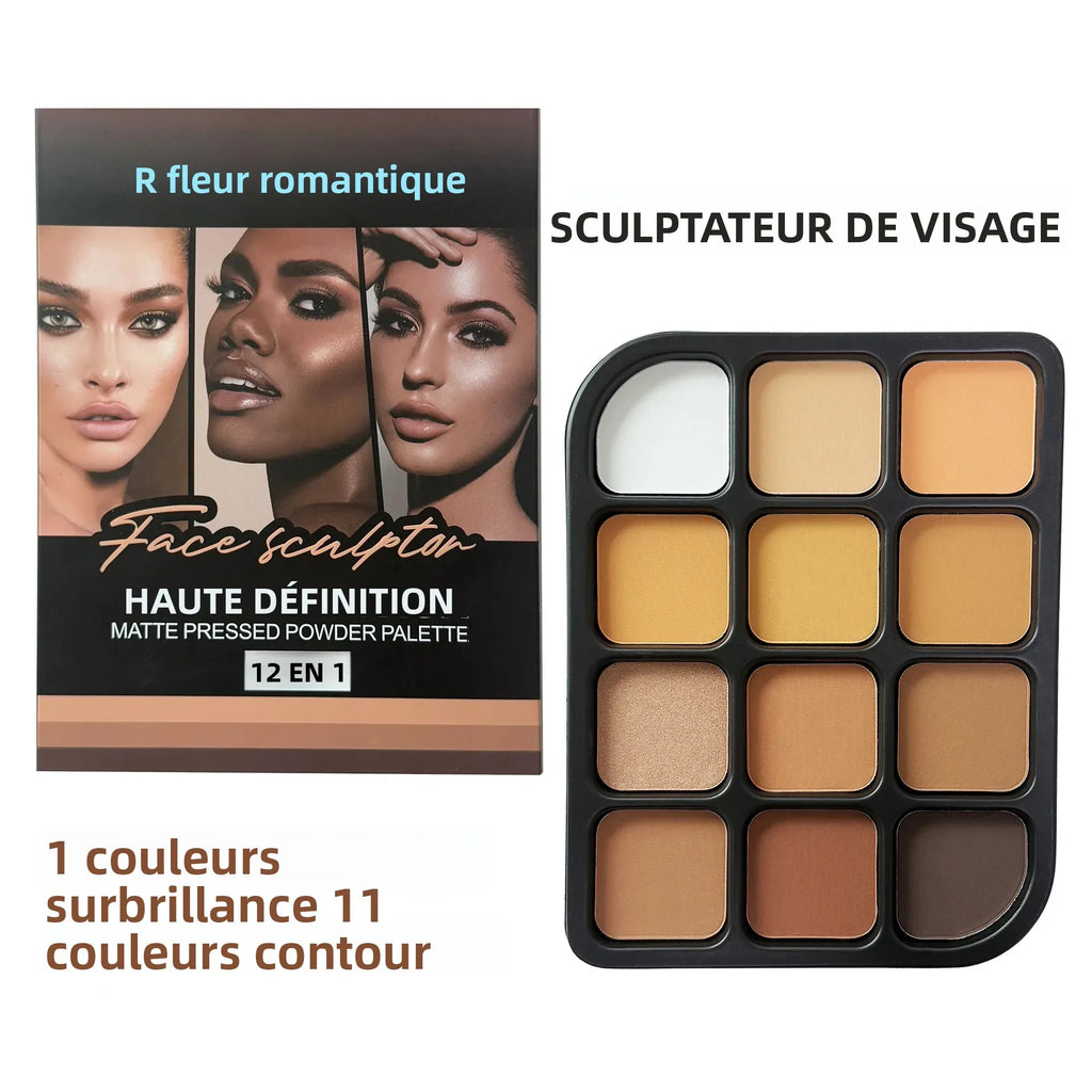 Deep Skin 12-Color Matte Contour Palette - Full Coverage All-In-One Highlighter Shading & Powder Face Makeup Kit