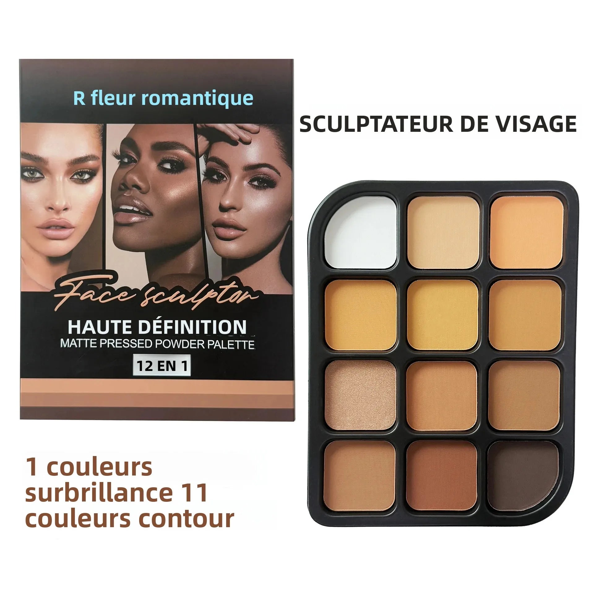 Deep Skin 12-Color Matte Contour Palette - Full Coverage All-In-One Highlighter Shading & Powder Face Makeup Kit