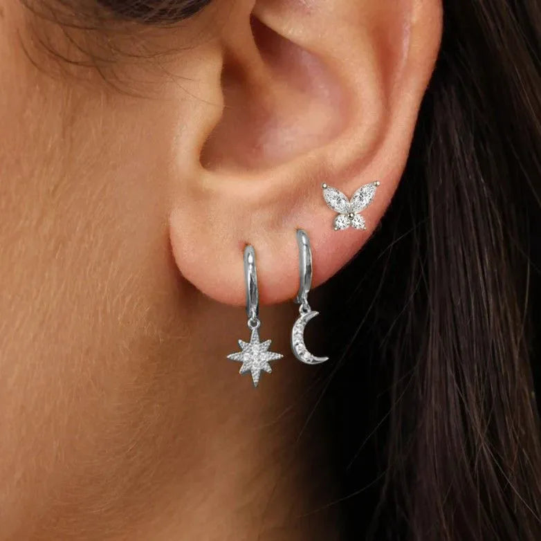 3Pcs Crystal Tragus Stud Earring Set Flower Cartilage Huggie Earring Bulk Helix Jewelry Women Fashion Heart Lobe Earring Pack