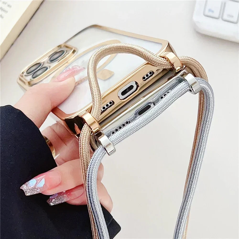 Crossboby Lanyard Plating Clear Phone Case For iPhone 17 Air 16E 16 15 14 13 12 Pro Max For Magsafe Magnetic Necklace Cord Cover