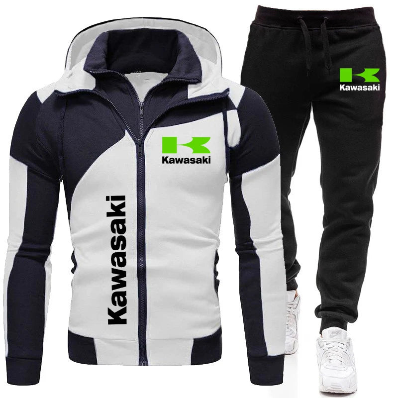 Kawasaki Logo Motorcycle Racing Team Men Zip Up Hoodie Pant Sets 2025 Fashion Male Zip Up Sweatshirt Pants Suit Sport Coat Set