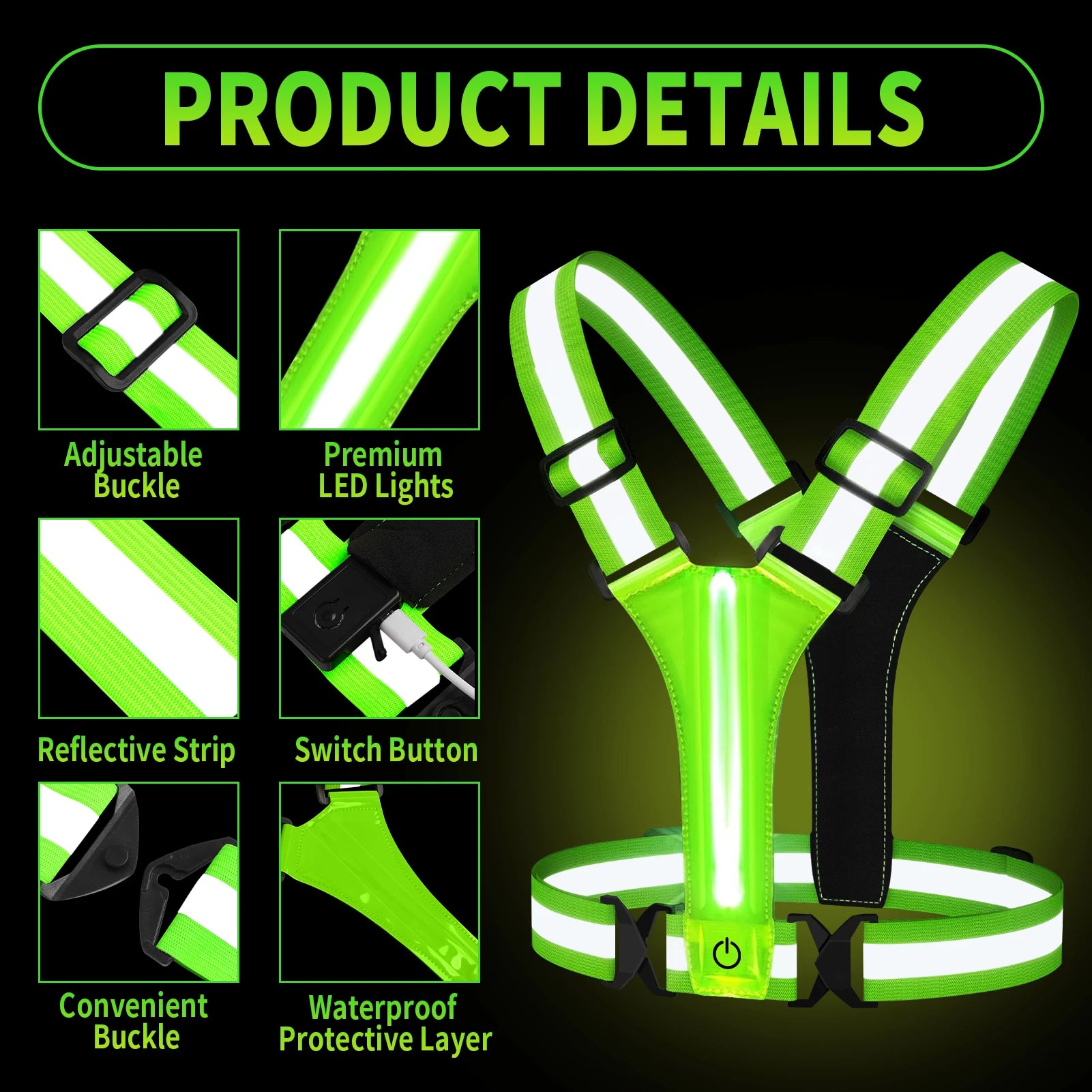 LED Running Vest USB Rechargeable Reflective Glowing Reflector Straps High Visibility Night Running Riding Clothing Elastic Band