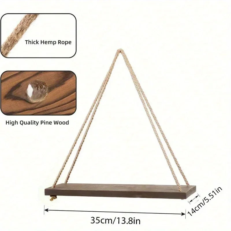1PC Wooden Swing Hanging Hemp Rope Wall Shelve Mounted Floating Home Living Room Plant Flower Pot Tray Storage Garden Decoration