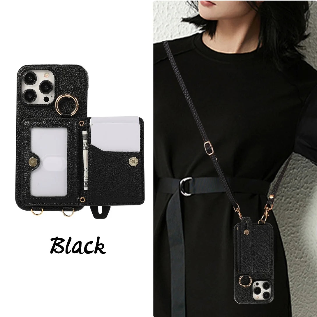 Luxury Shoulder Leather Card Pocket Wallet Case For iPhone 11 12 13 14 15 16 17 Pro Max Plus Purse Phone Cover Wrist Strap Stand