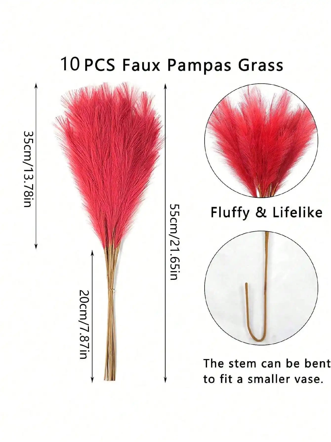 5/10/20pcs Red Artificial Reeds,55cm/21.65in Tall Plush Faux Grass,Large General Pampas Tree Branches,Wedding Party Decoration