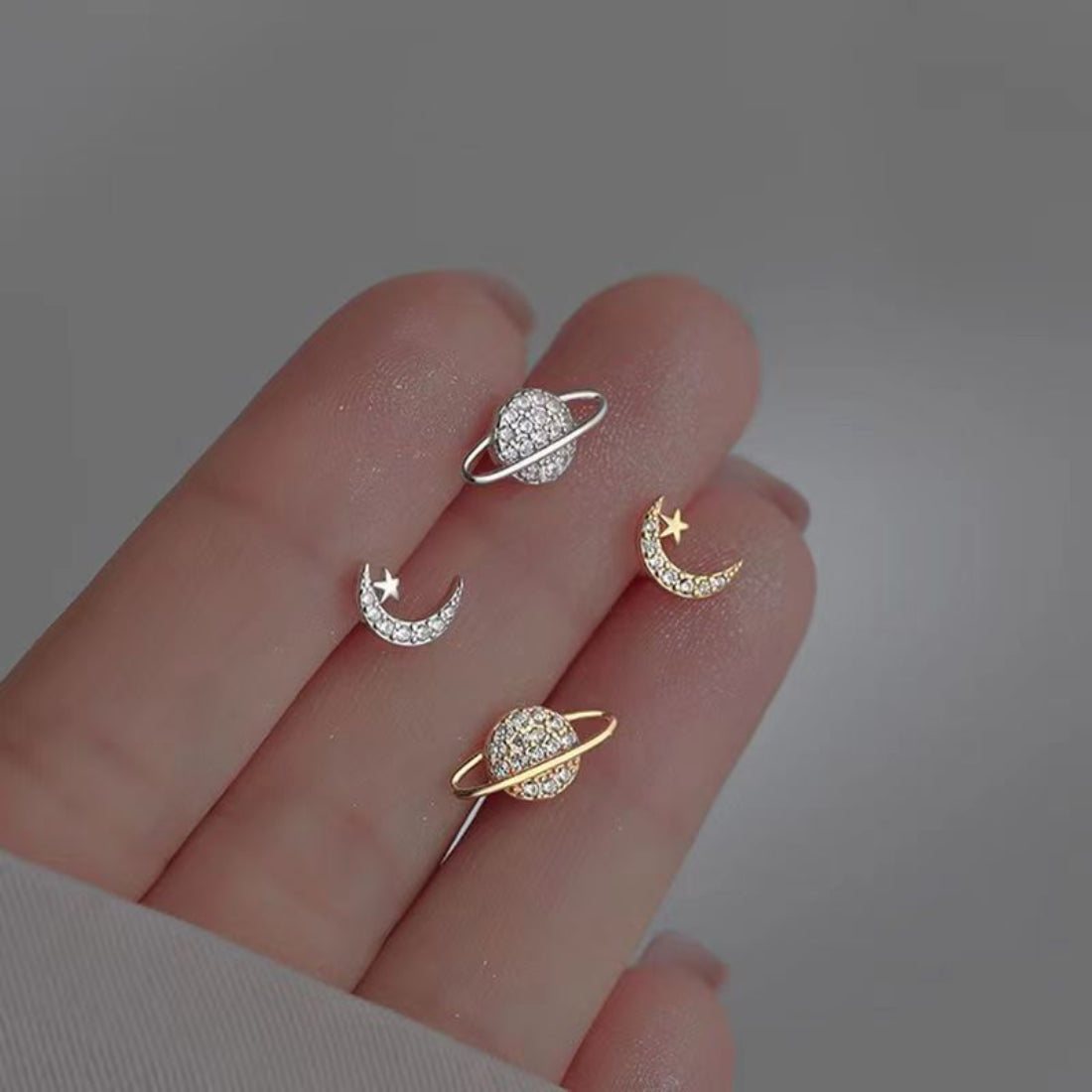Simple Fashion Zircon Star Moon Mini Earrings for Women Cute Korean Planet Asymmetric Ear Studs Piercing Earrings Jewelry Gifts