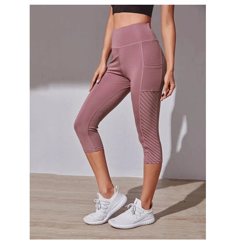 Women Sport Shorts cropped pants Fitness Nudity High Waist Hip Lift Running Yoga Side Pockets Tights Quick Dry Gym Sportswear