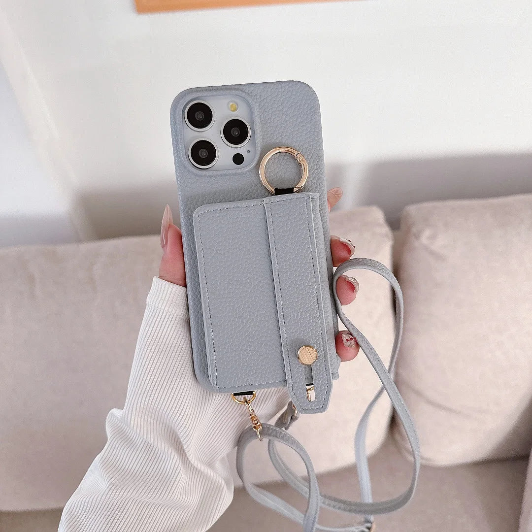 Luxury Shoulder Leather Card Pocket Wallet Case For iPhone 11 12 13 14 15 16 17 Pro Max Plus Purse Phone Cover Wrist Strap Stand