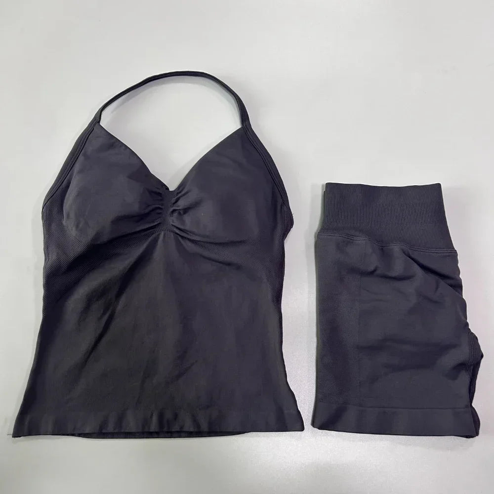 2 Pieces Sports Set Women Backless Tank Tops High Waist Scrunch Seamless Shorts Sport Suit Gym Set Sportswear Workout Set