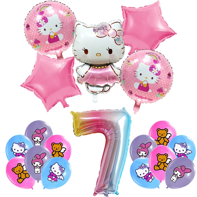 Hello Kitty Birthday Party Decoration Cartoon Cat Kids Aluminum Foil Balloon Disposable Tableware Banner Child Event Supplies