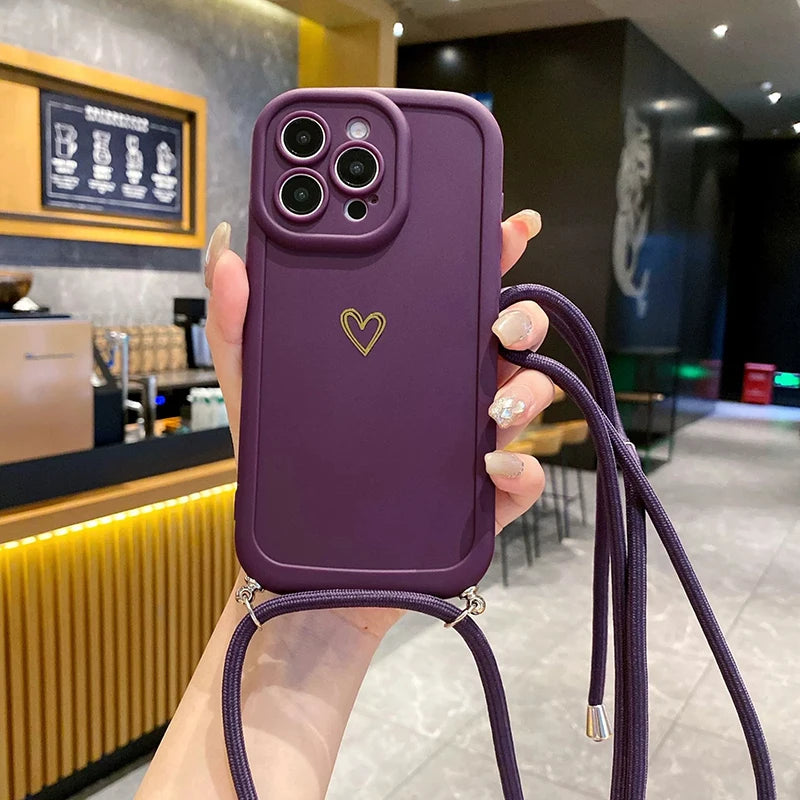 Crossbody Love Phone Cases for IPhone 17 16 Pro Max 15 14 13 12 11 With Lanyard Silicone Back Cover
