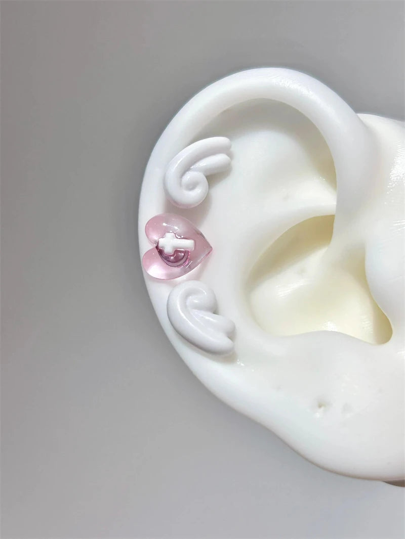 Sweet Angel's Wings Stainless Steel Ear Bone Nail Cute Acrylic Love Heart Cross Earrings for Women Body Puncture Accessories