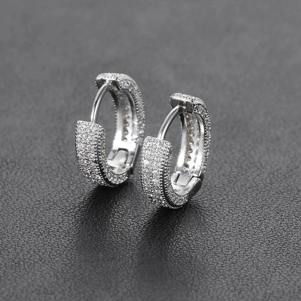 2 Pcs Fashion Full Diamonds Sparkling Copper Silver Colour Hoop Earrings Men Party Daily Jewelry