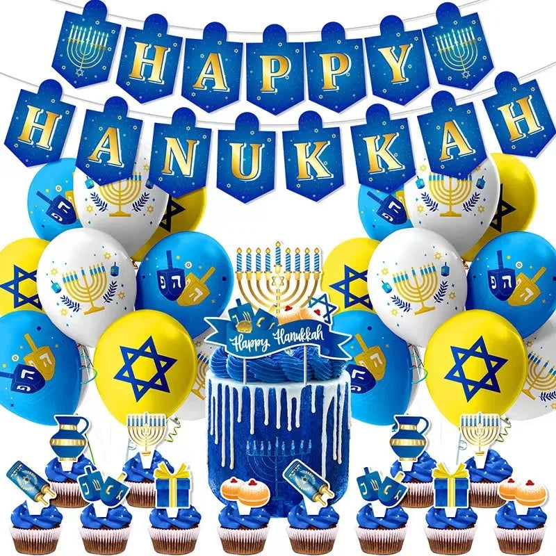Jewish Hanukkah Balloon Banner Supplies Chanukah Disposable Tableware Cup Plate Napkins Happy Chanukah Festival Party Decoration