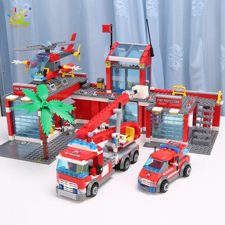 HUIQIBAO 774pcs City Fire Station Model Building Blocks Boys Firefighter Truck Educational Construction Bricks Toys For Children